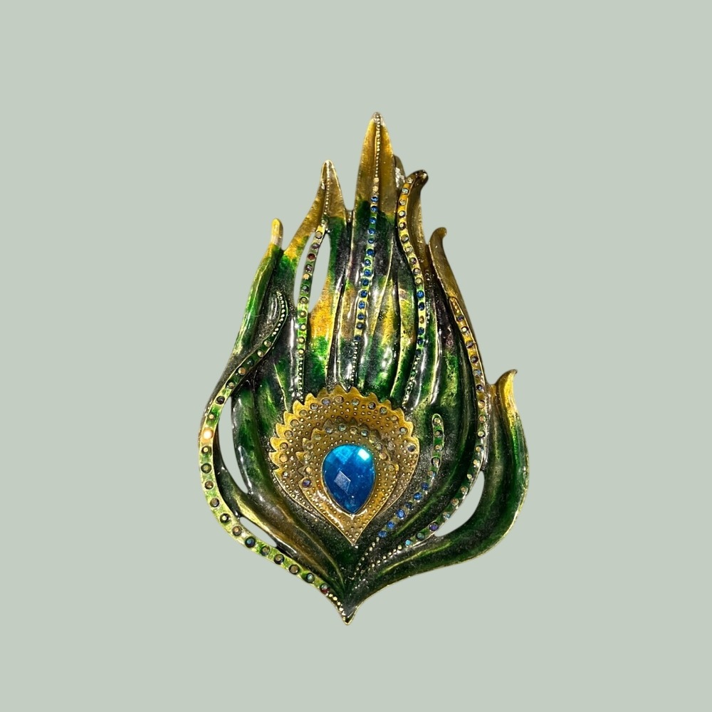 Decorative Peacock Feather Enamel Trinket Dish Green Gold Blue Rhinestone
